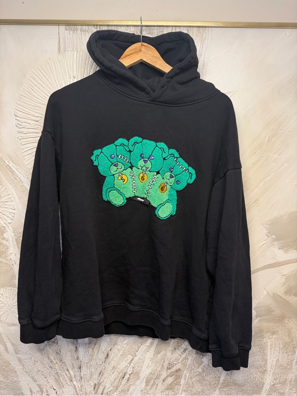 MSGM Black Oversized Hoodie with Green Teddy Bear Patch